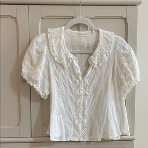 Doen White Cotton Lace-Trim Puff Sleeve Blouse